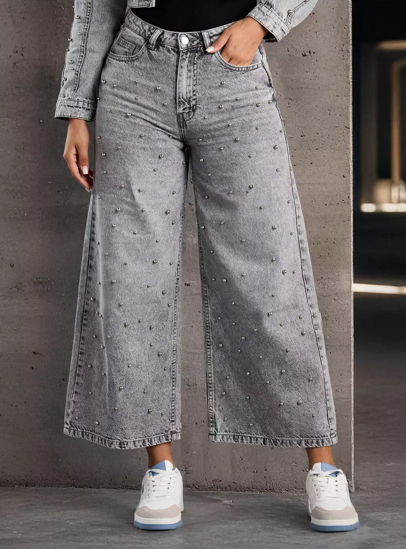 Max Embellished Wide Leg Cropped Jeans